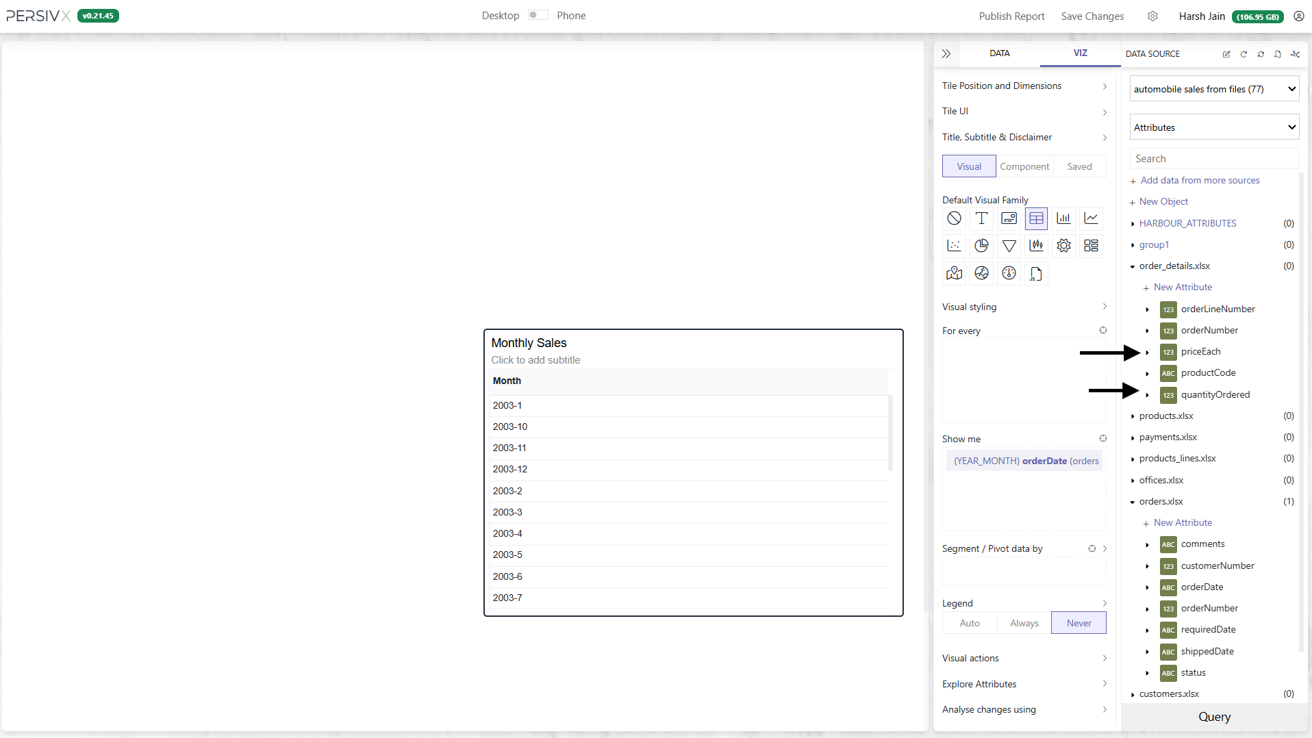 The fields available on the order details table