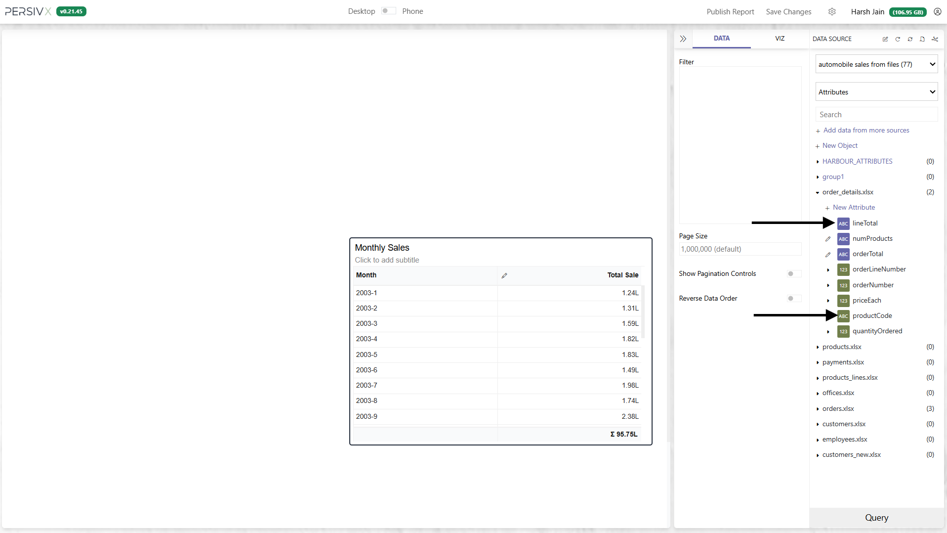Custom attributes shown in blue alongside green datasource columns