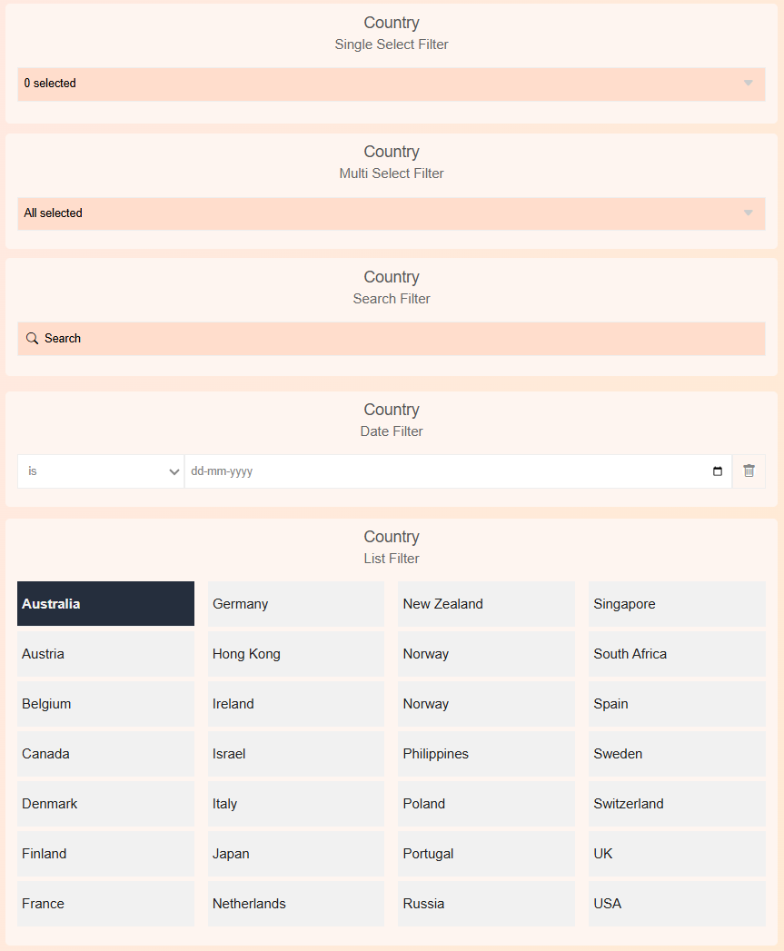 The filter component types available in PersivX