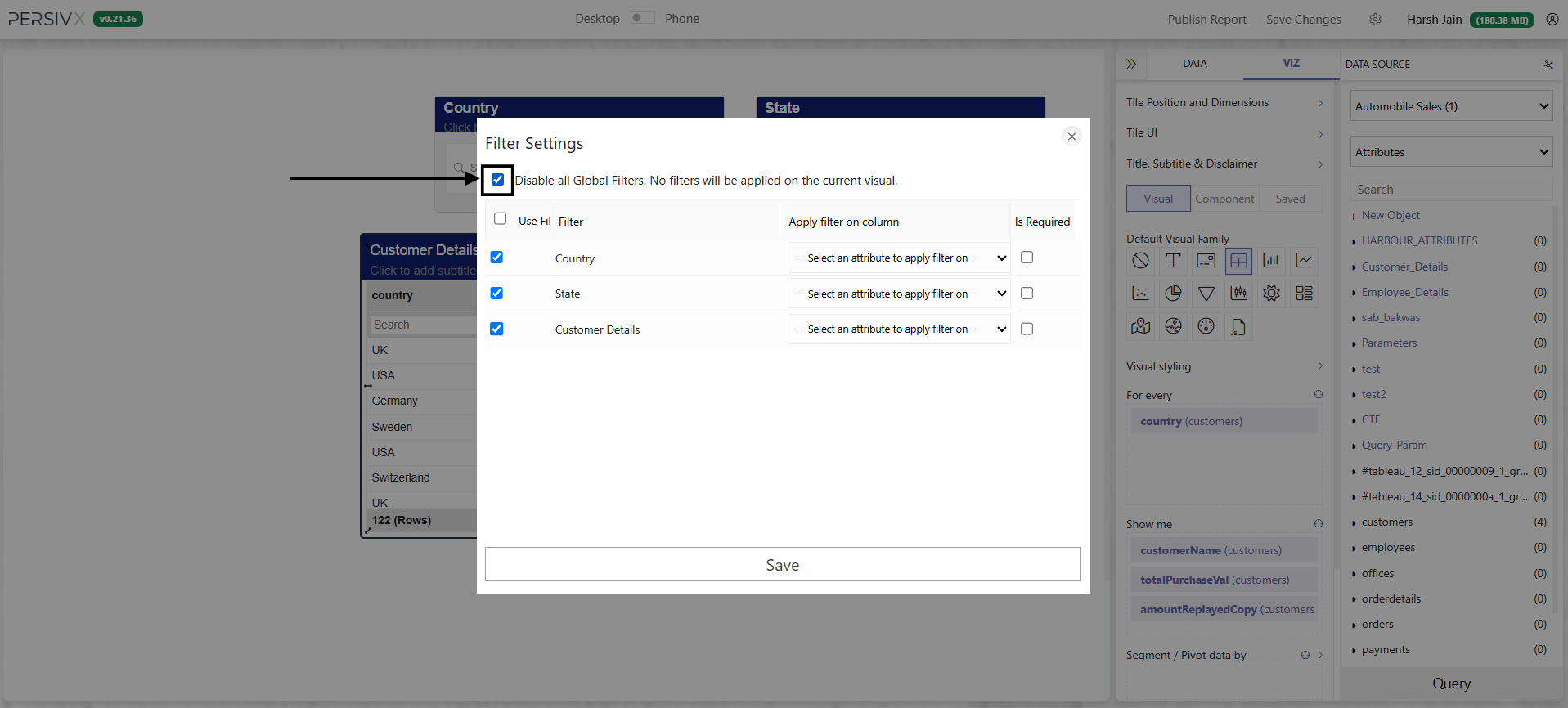 Disabling all global filters for a visual