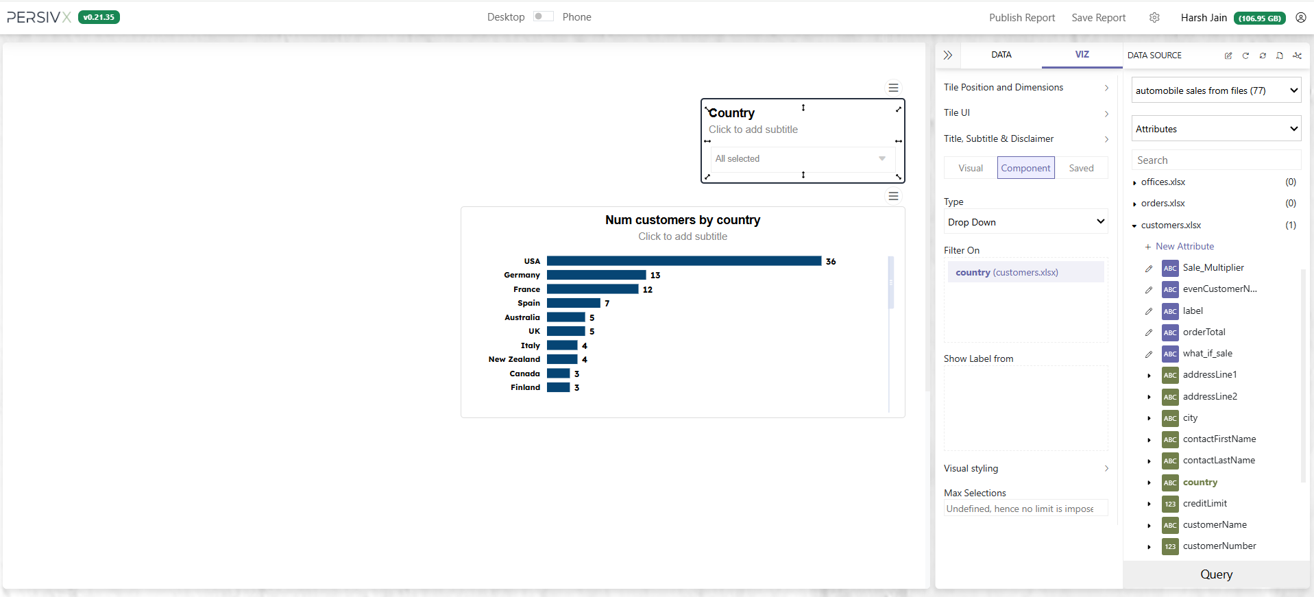 A new country filter component on the report