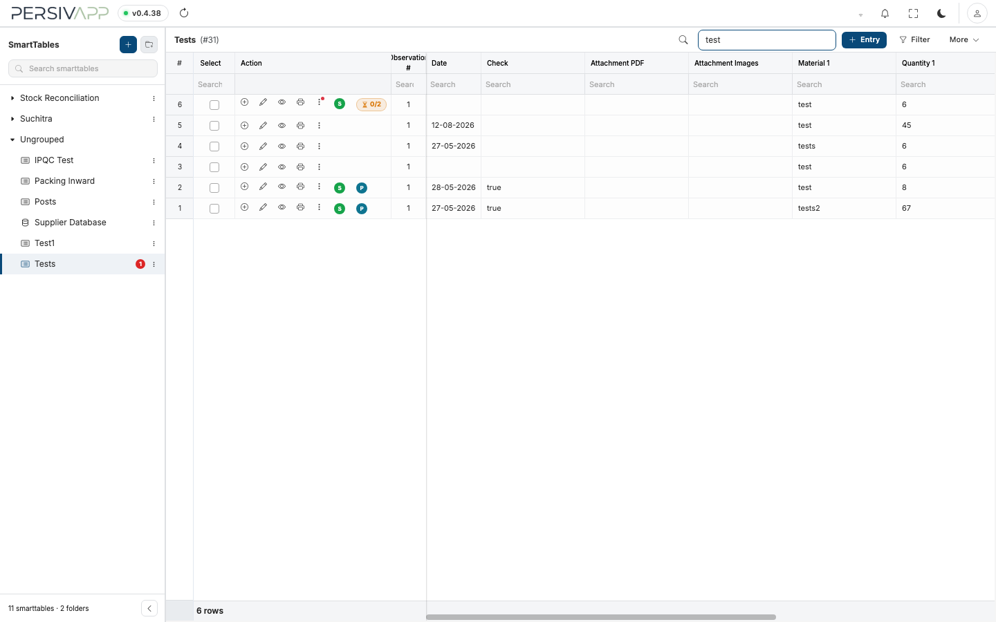 Global Search — typing 'test' narrows 33 rows down to the 6 that match in any field