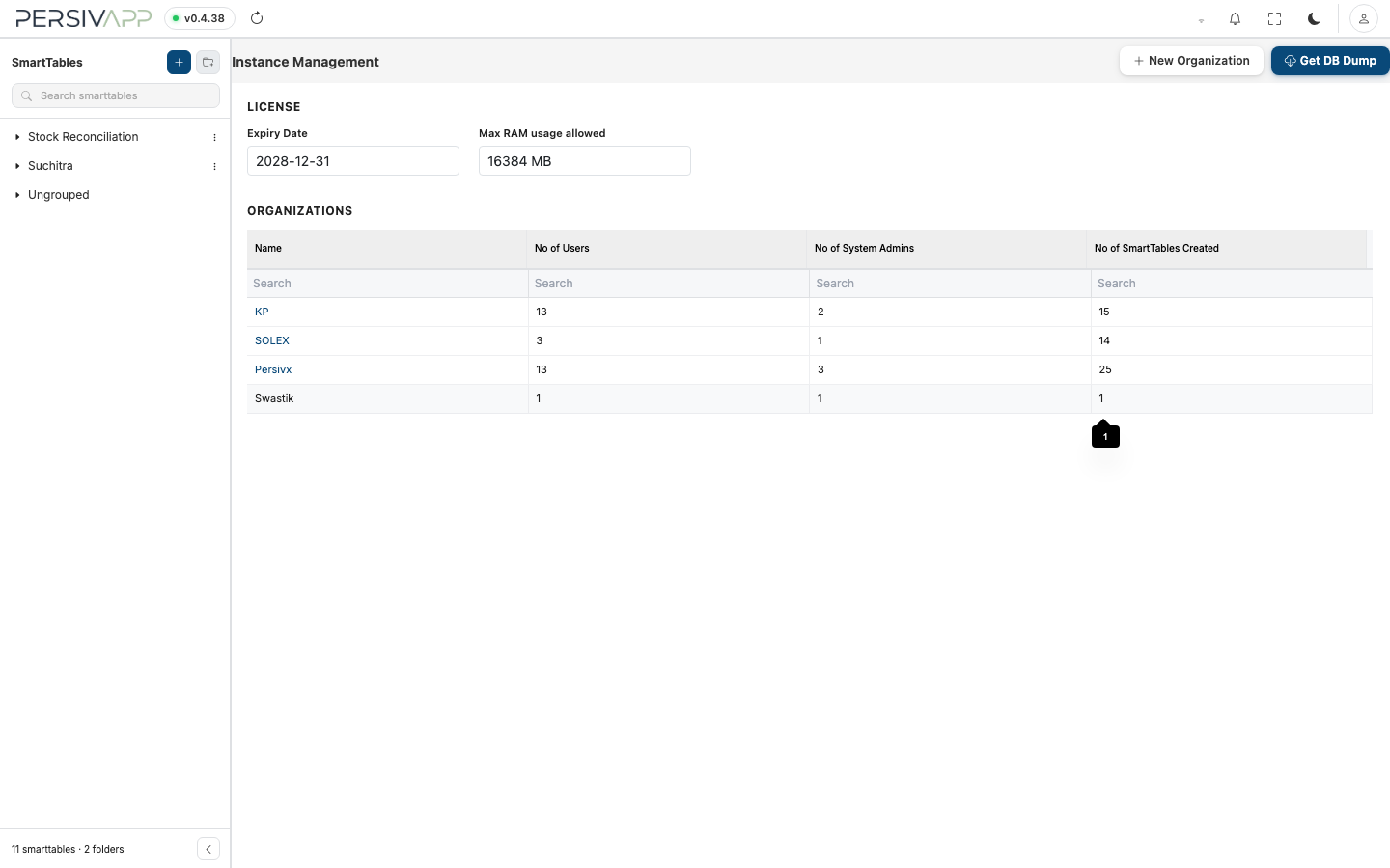 Instance Management screen