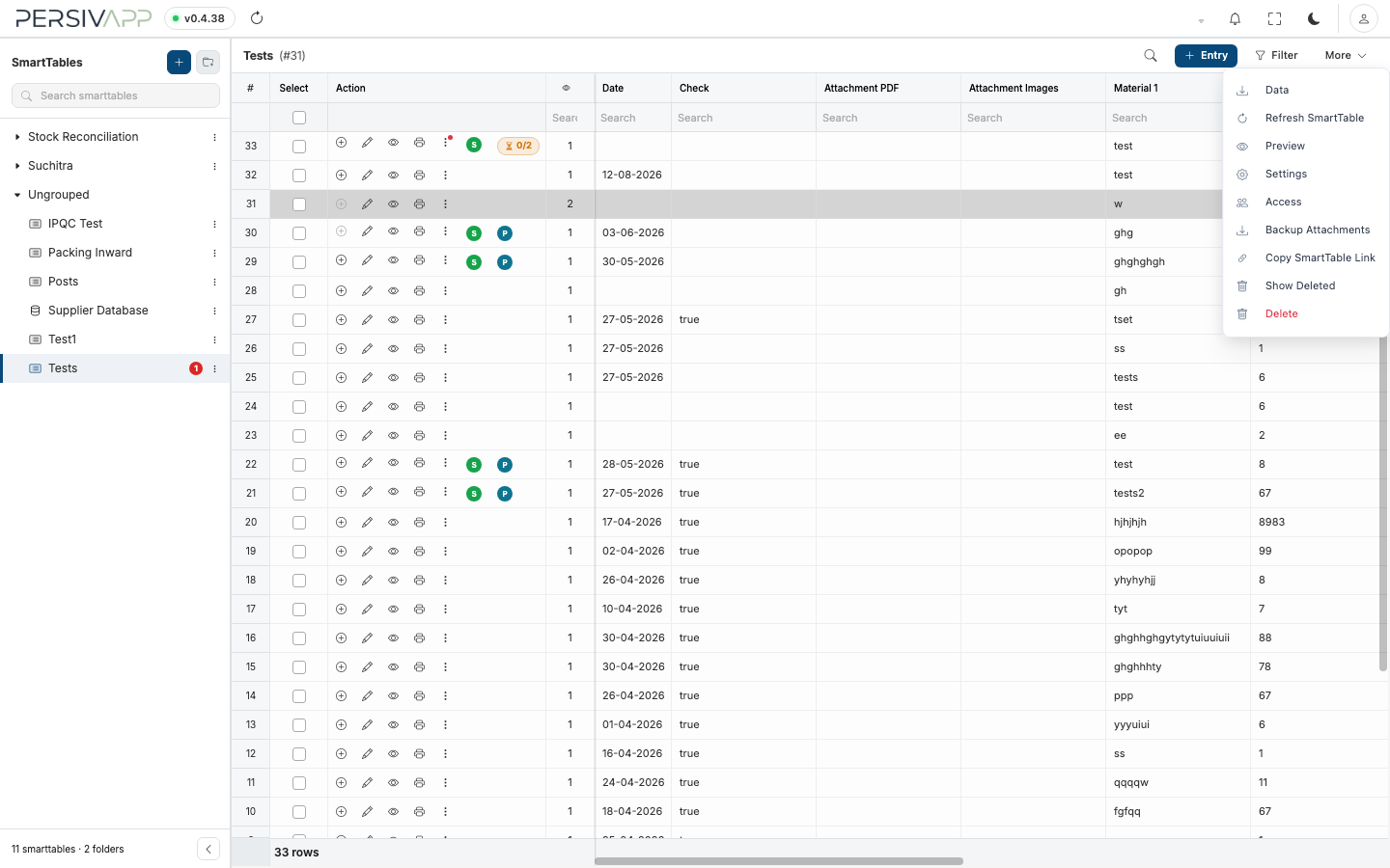 Entries Toolbar and More menu