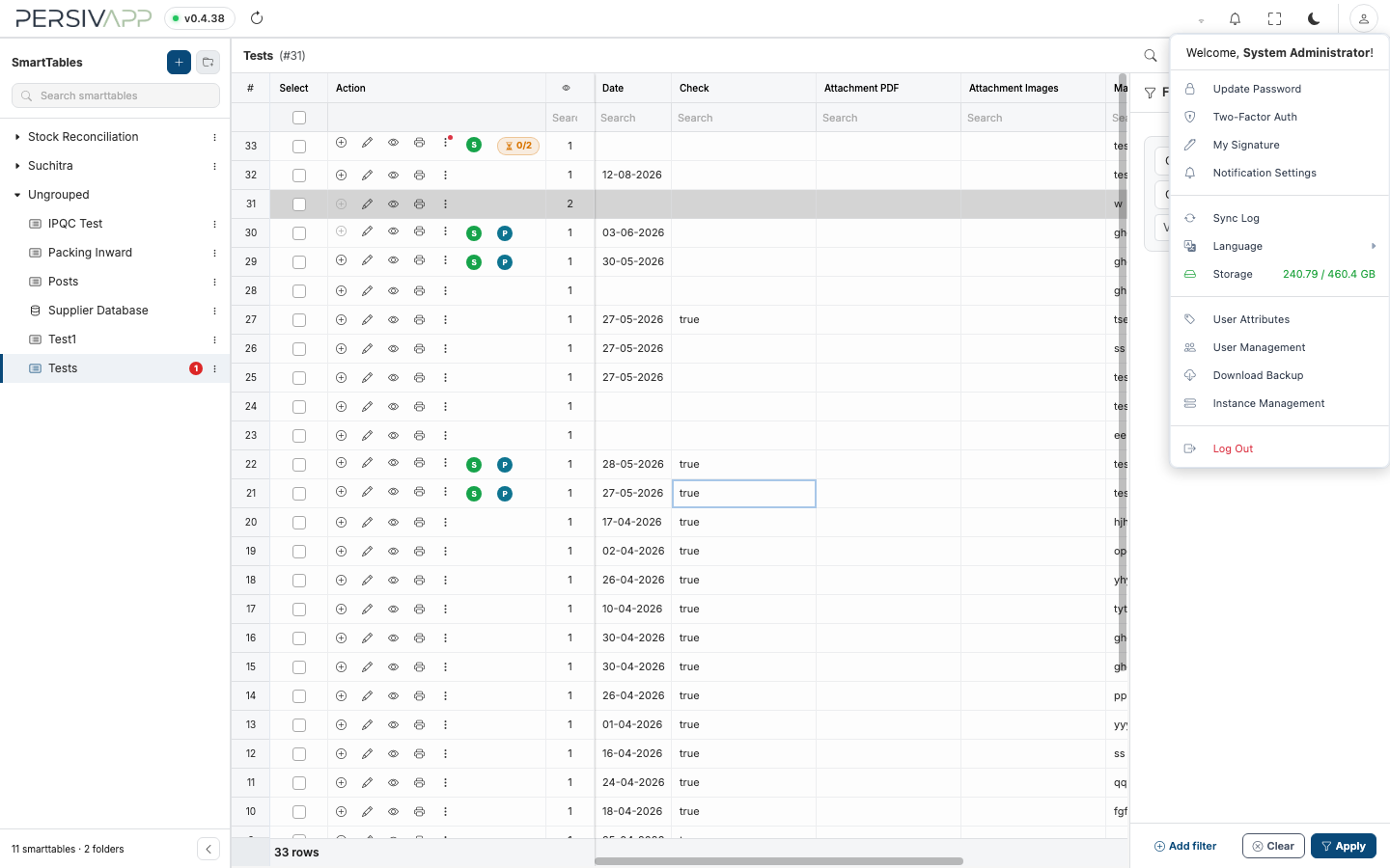 Profile menu — Update Password, Two-Factor Auth, My Signature, Notification Settings, Sync Log, Language, Storage, User Attributes, User Management, Download Backup, Instance Management