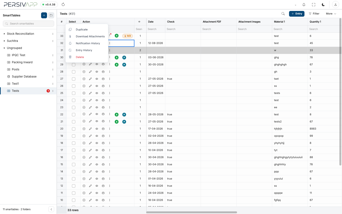 Entry row actions menu — Duplicate, Download Attachments, Notification History, Entry History, Delete