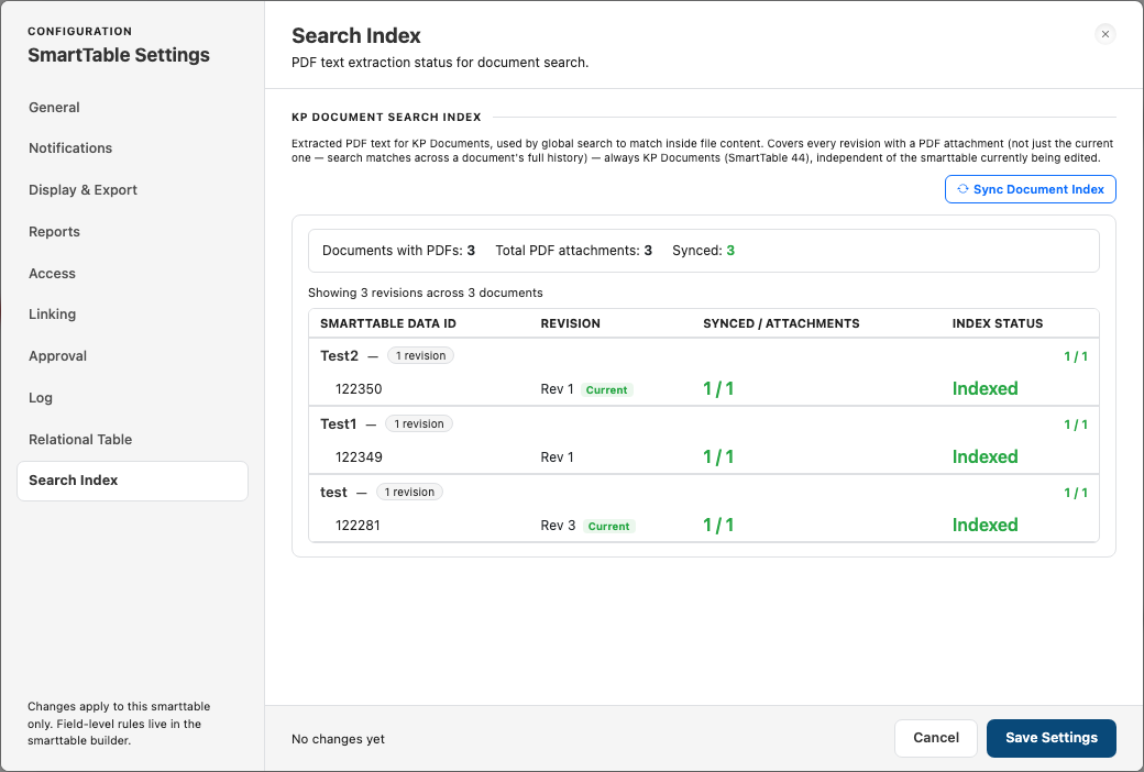Search Index tab