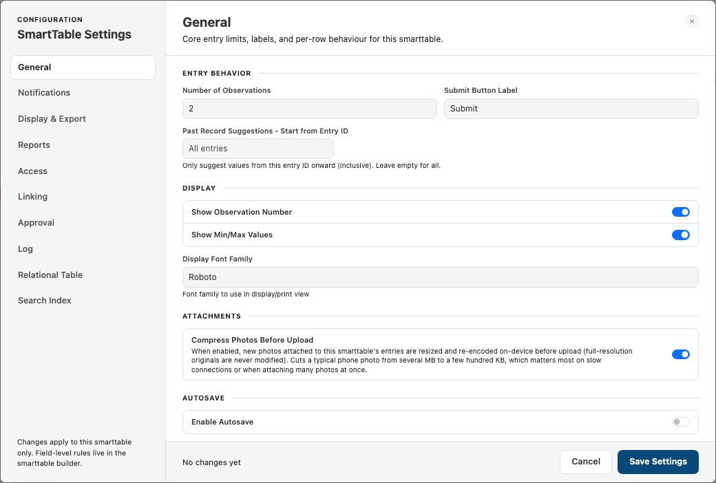 SmartTable Settings — General tab