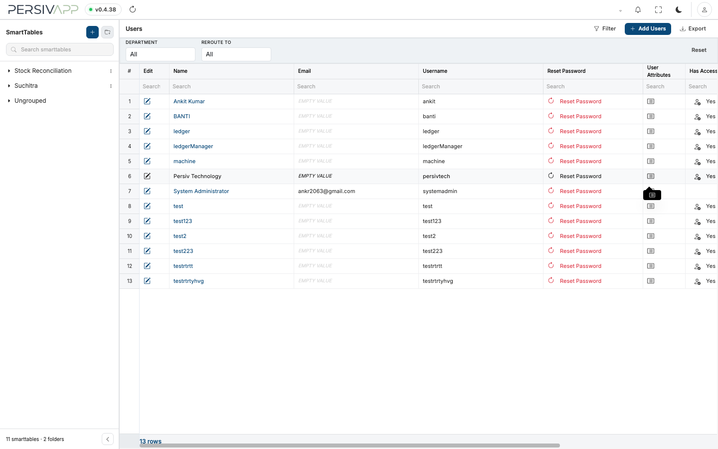 User Management — Users table